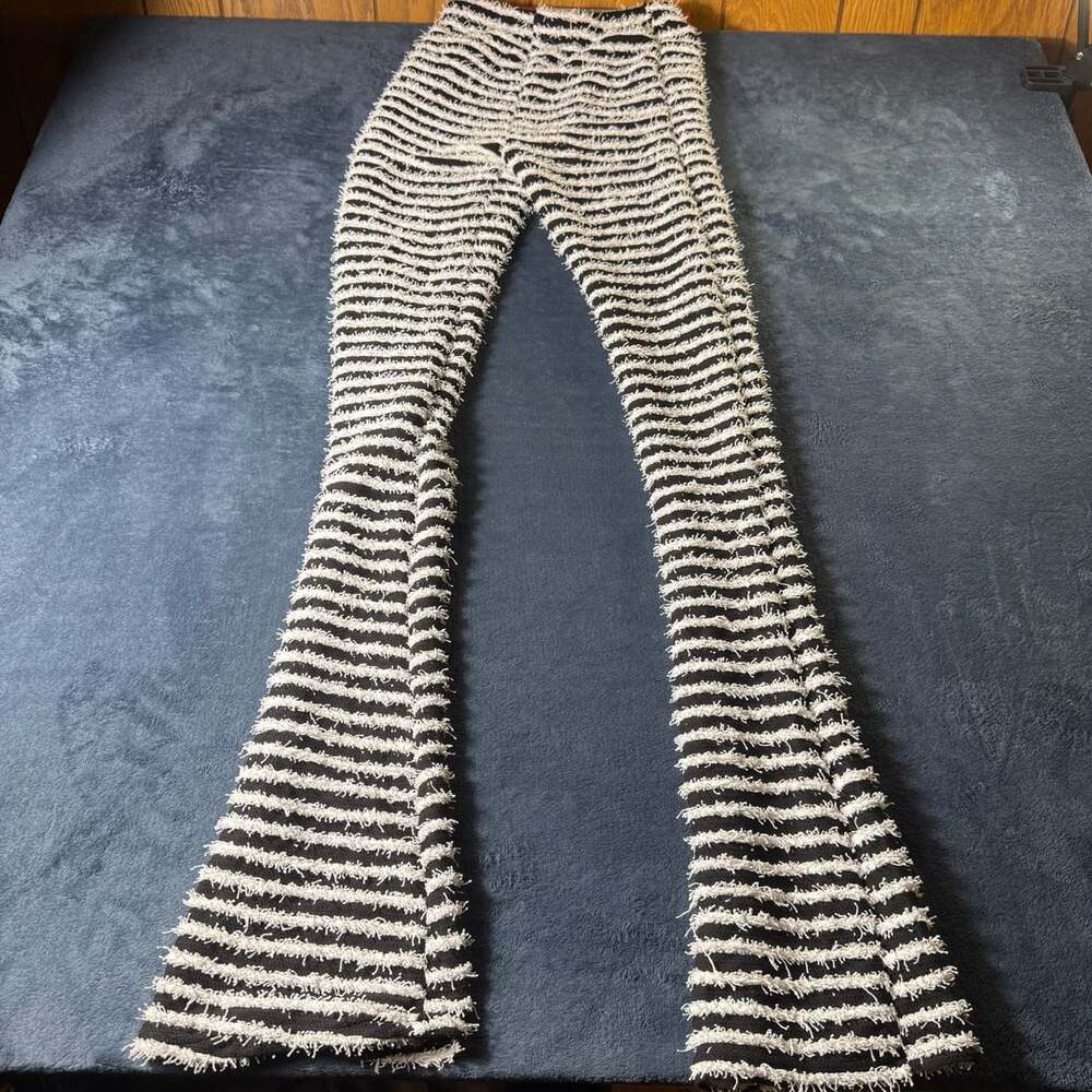 Women's Black and White Striped Fringe Tassel Flare Pants Size M